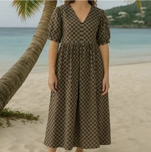 ADOBE LANE 100% Cotton Checked Midi Dress Large Gray & Brown Large